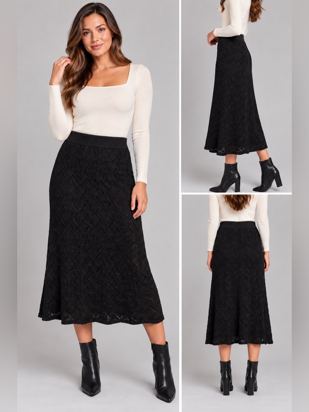Lapis by Anthropologie Black Textured Knit A-Line Midi Skirt Women’s Large